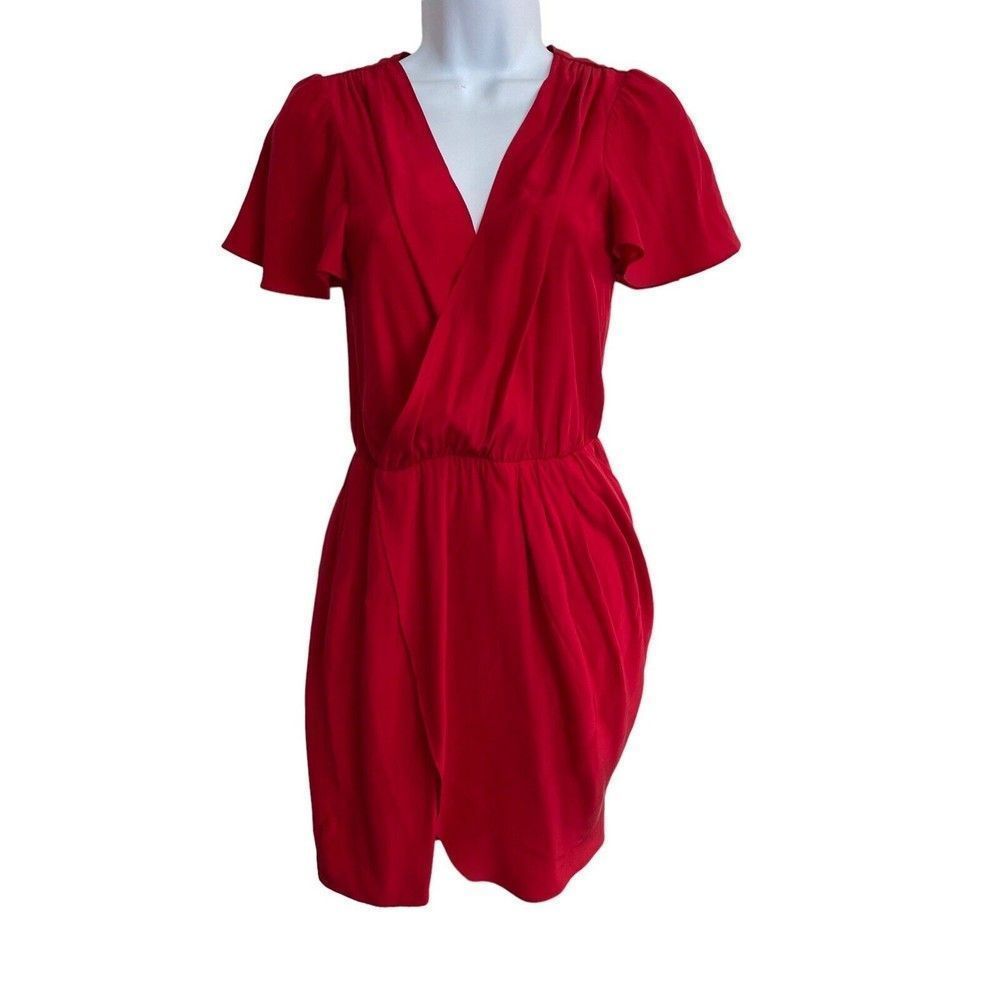 AMANDA UPRICHARD Red Silk Mini Dress Small V Neck Short Butterfly Sleeve Holiday